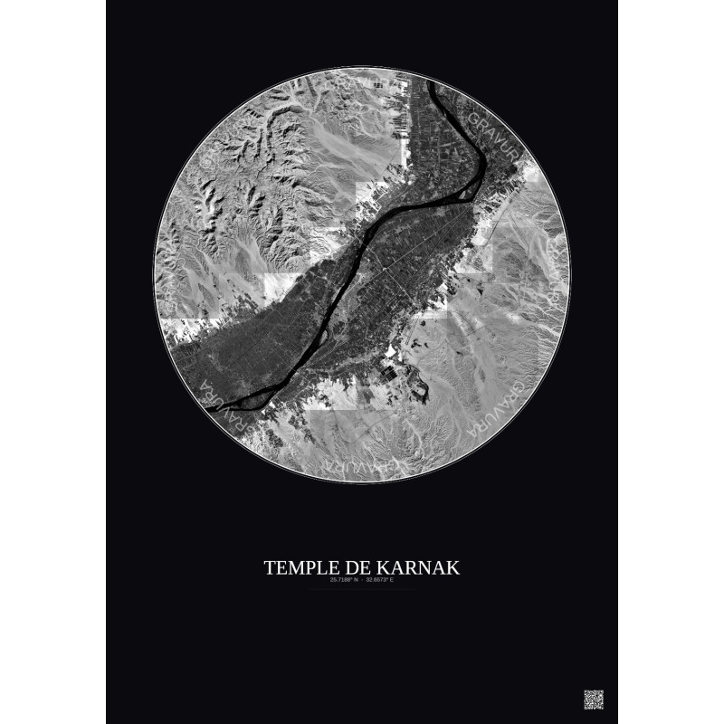 Affiche Temple De Karnak – Poster vue satellite 20km N&B | Gravura – Fond foncé