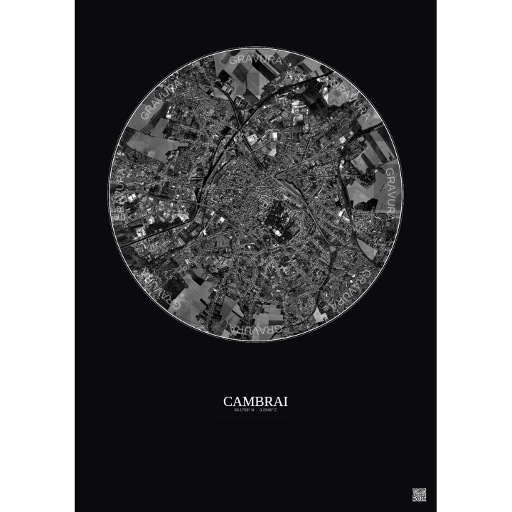 Affiche Cambrai – Poster vue satellite 2.5km N&B | Gravura – Fond foncé