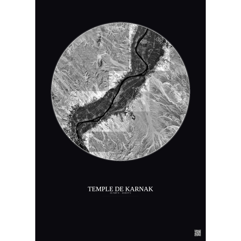 Affiche Temple De Karnak – Poster vue satellite 30km N&B | Gravura – Fond foncé