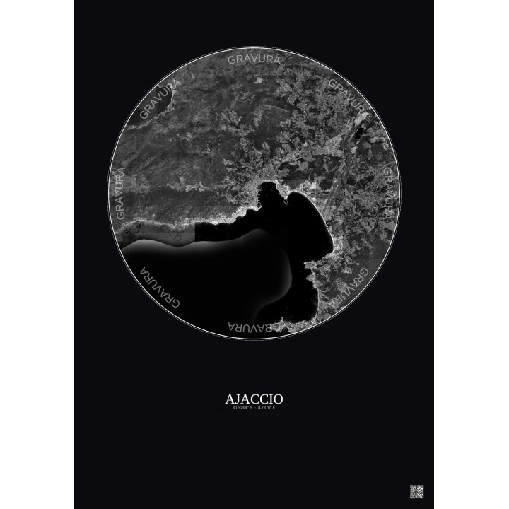 Affiche Ajaccio – Poster vue satellite 10km N&B | Gravura – Fond