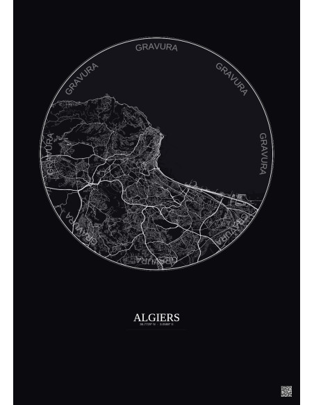 Affiche Algiers – Poster carte de ville 10km | Gravura – Fond foncé