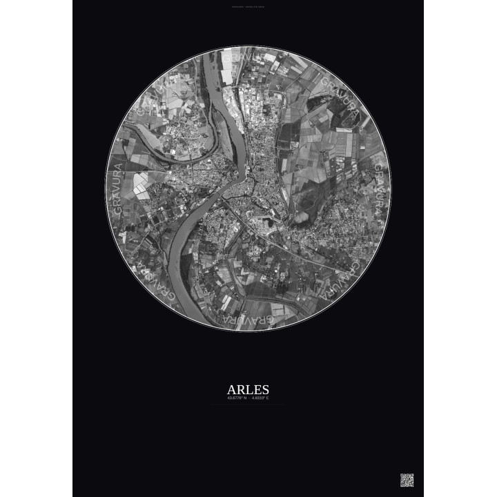 Arles Satellite View Poster 5km B&W | Gravura – Dark background