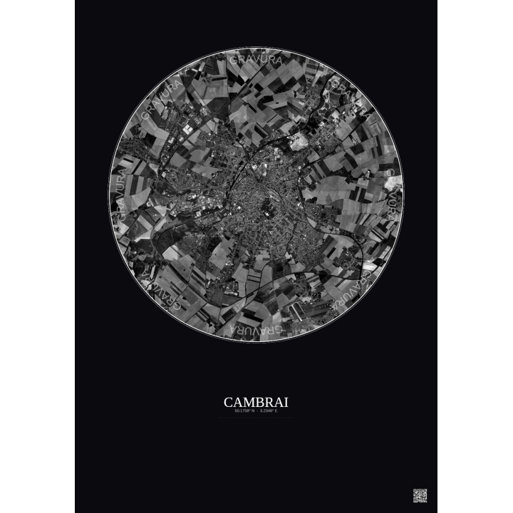 Affiche Cambrai – Poster vue satellite 5km N&B | Gravura – Fond foncé