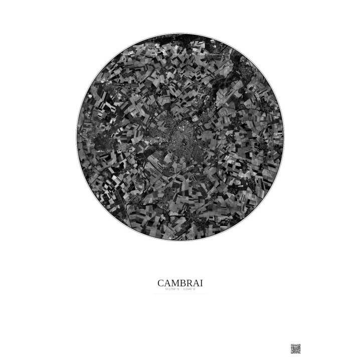 Affiche Cambrai – Poster vue satellite 10km N&B | Gravura – Fond clair