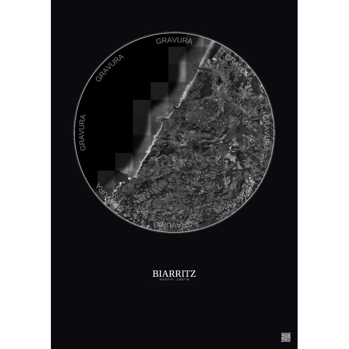 Biarritz Satellite View Poster 10km B&W | Gravura – Dark backgro