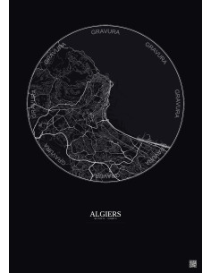 Affiche Algiers – Poster carte de ville 6km | Gravura – Fond foncé