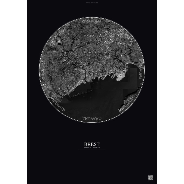 Brest Satellite View Poster 6km B&W | Gravura – Dark background