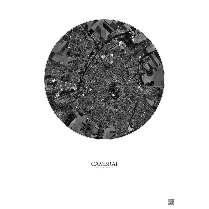 Affiche Cambrai – Poster vue satellite 2.5km N&B | Gravura – Fon