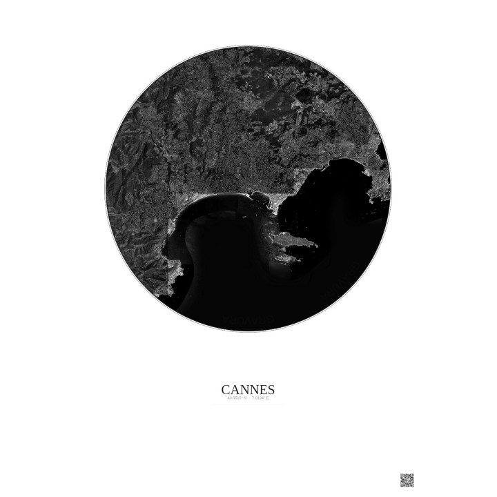 Cannes Satellite View Poster 10km B&W | Gravura – Light backgrou