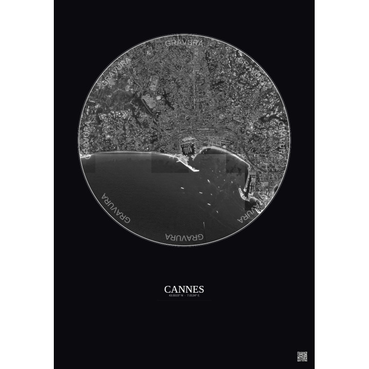 Affiche Cannes – Poster vue satellite 2.5km N&B | Gravura – Fond foncé