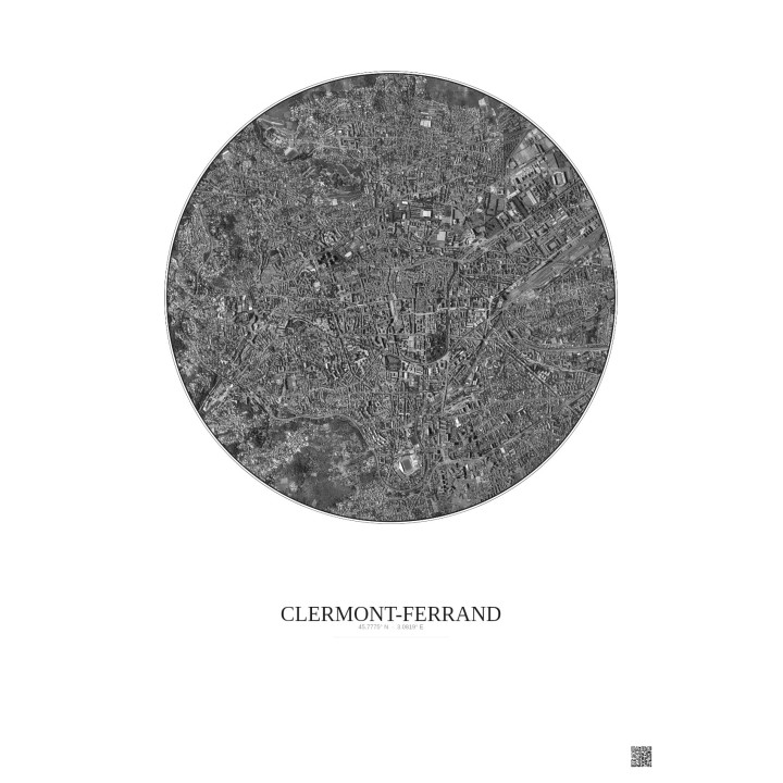Affiche Clermont Ferrand – Poster vue satellite 2.5km N&B | Grav