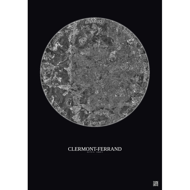 Affiche Clermont Ferrand – Poster vue satellite 5km N&B | Gravur