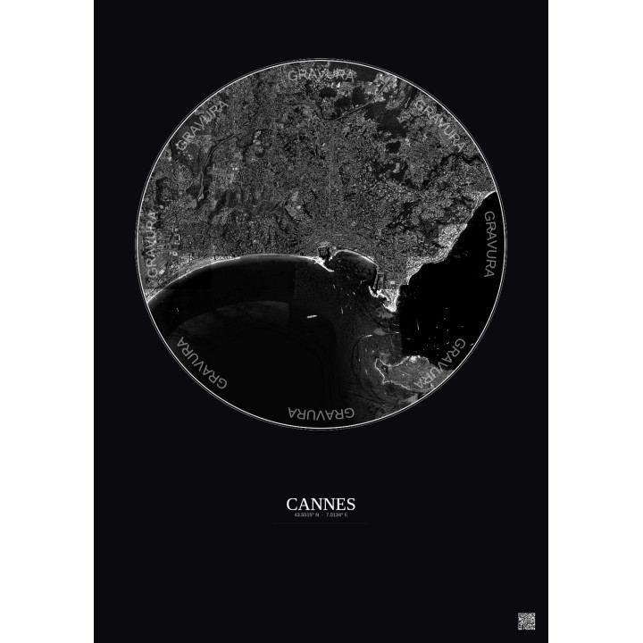 Affiche Cannes – Poster vue satellite 5km N&B | Gravura – Fond foncé