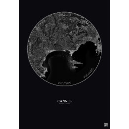 Affiche Cannes – Poster vue satellite 10km N&B | Gravura – Fond foncé