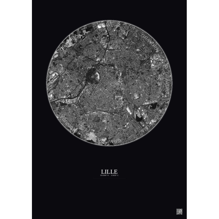 Affiche Lille – Poster vue satellite 5km N&B | Gravura – Fond fo