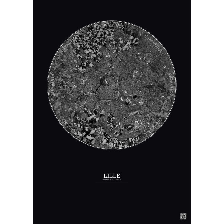 Affiche Lille – Poster vue satellite 10km N&B | Gravura – Fond f