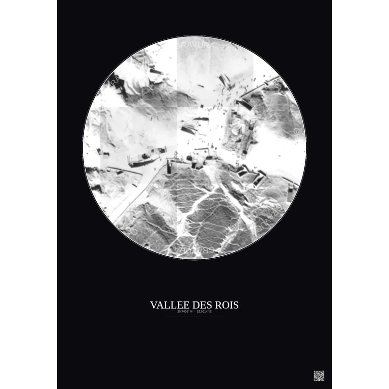 Affiche Vallee Des Rois – Poster vue satellite 0.1km N&B | Gravura – Fond foncé