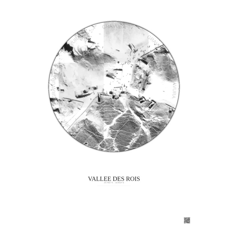 Affiche Vallee Des Rois – Poster vue satellite 0.1km N&B | Gravura – Fond clair