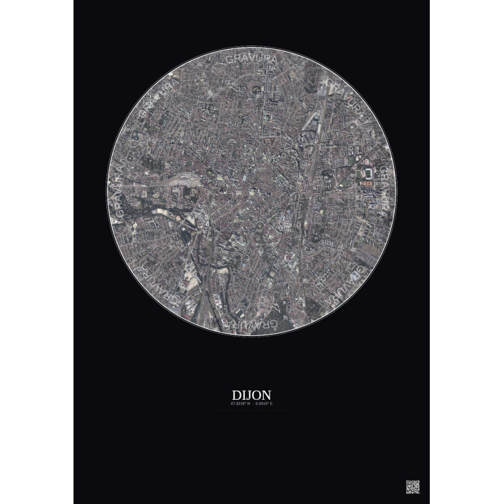 Affiche Dijon – Poster vue satellite 2.5km Couleur | Gravura – Fond foncé
