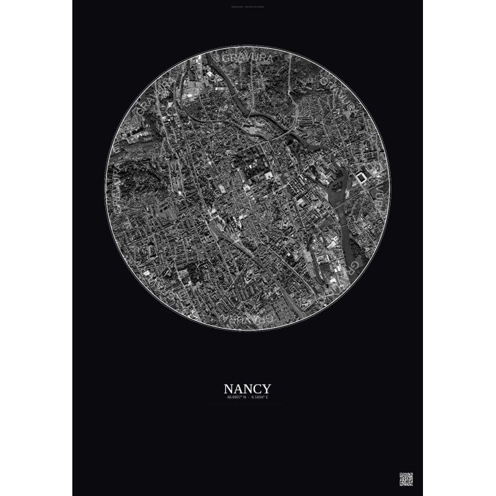 Nancy Satellite View Poster 2.5km B&W | Gravura – Dark backgroun