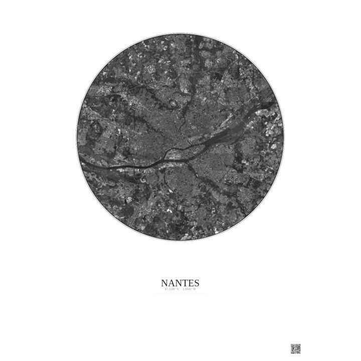 Affiche Nantes – Poster vue satellite 10km N&B | Gravura – Fond 