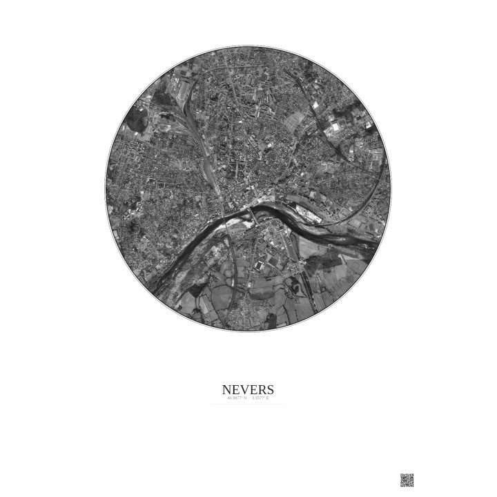 Nevers Satellite View Poster 2.5km B&W | Gravura – Light backgro
