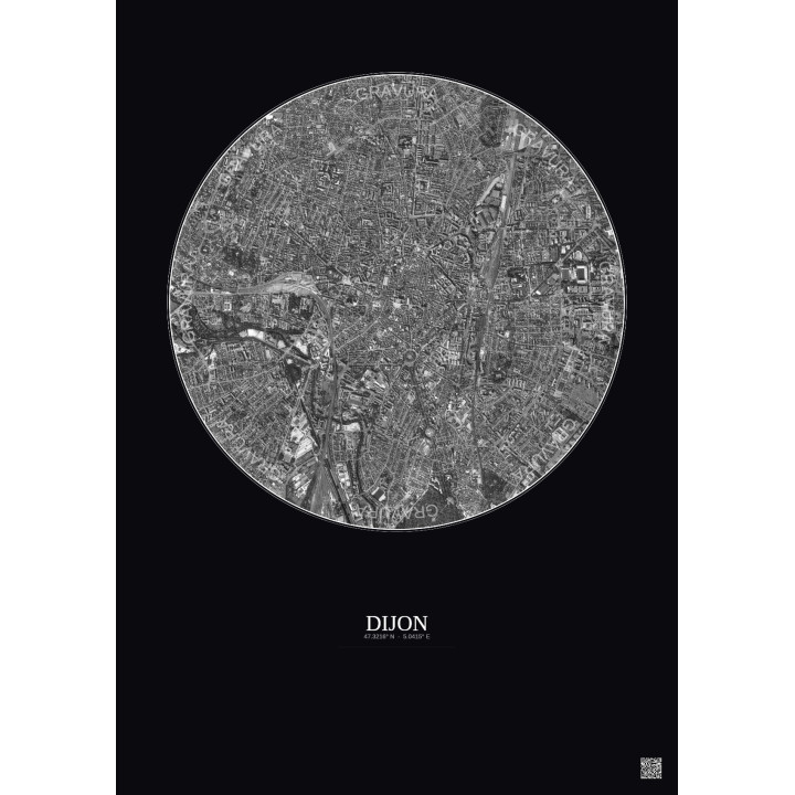 Affiche Dijon – Poster vue satellite 2.5km N&B | Gravura – Fond foncé