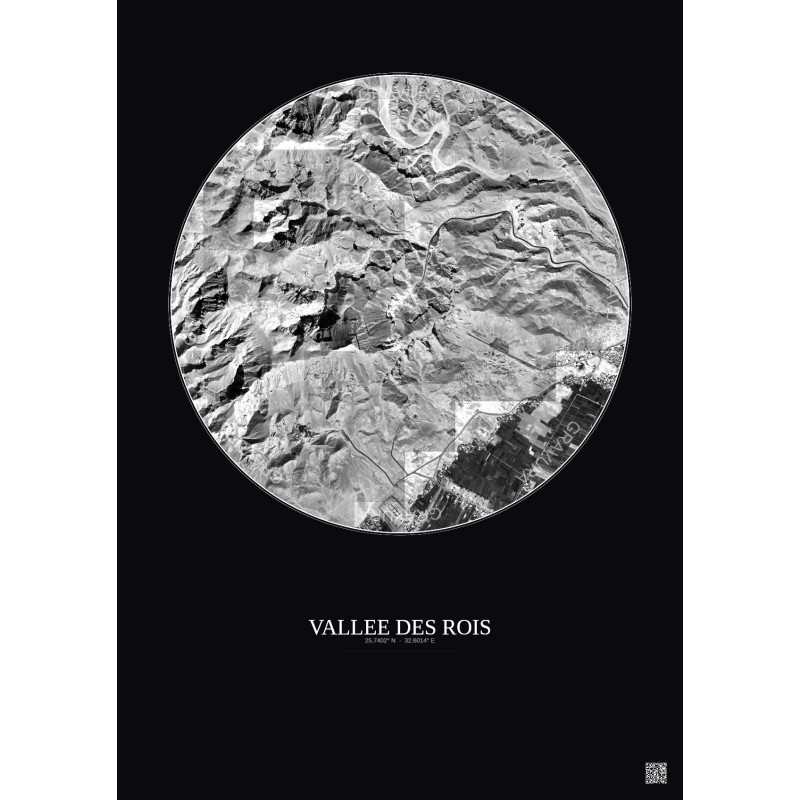 Affiche Vallee Des Rois – Poster vue satellite 2.5km N&B | Gravura – Fond foncé