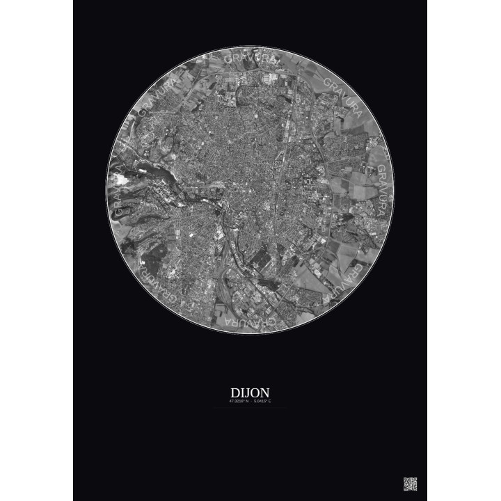 Affiche Dijon – Poster vue satellite 5km N&B | Gravura – Fond foncé