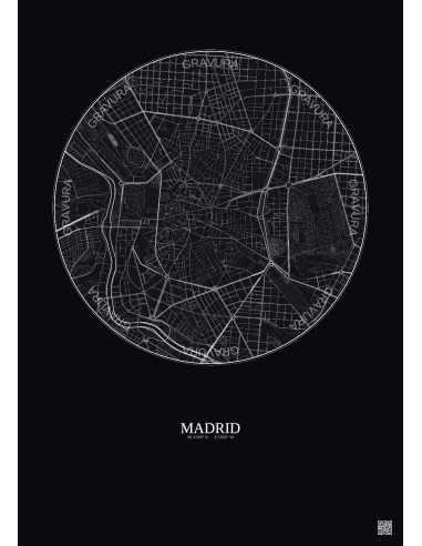 Affiche Madrid – Poster carte de ville 2.5km | Gravura – Fond foncé
