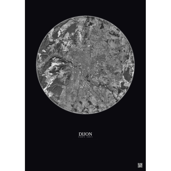 Affiche Dijon – Poster vue satellite 10km N&B | Gravura – Fond foncé