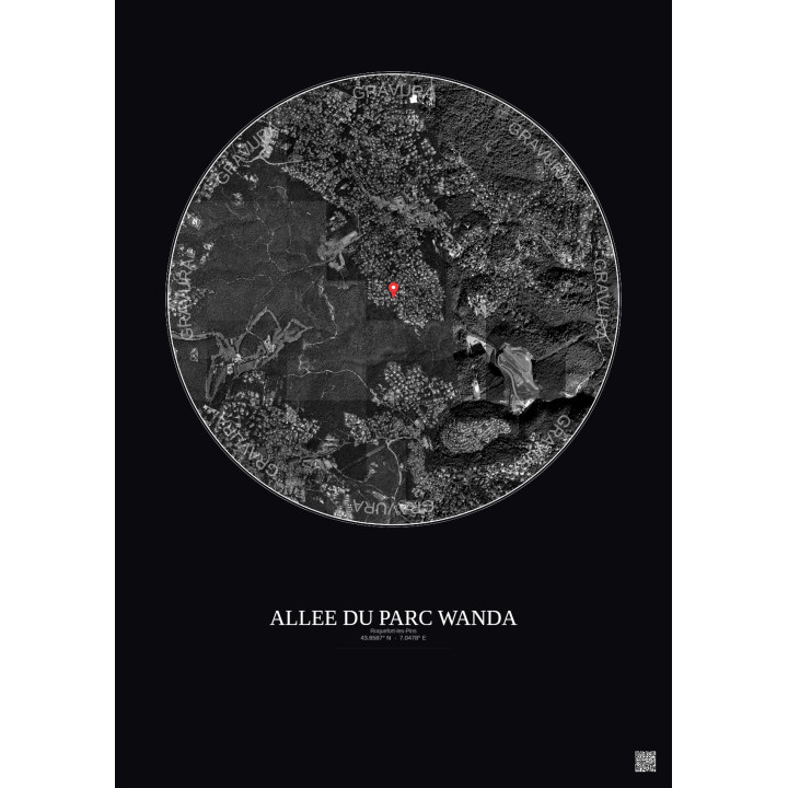 Affiche Roquefort Les Pins – Poster vue satellite 2.5km N&B | Gr