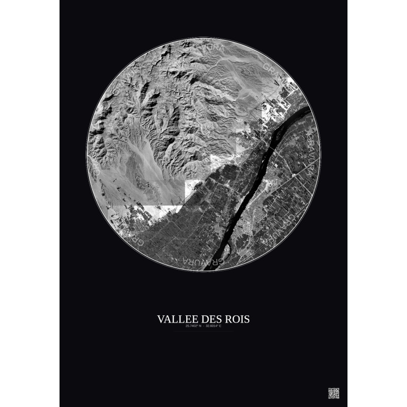Affiche Vallee Des Rois – Poster vue satellite 10km N&B | Gravura – Fond foncé