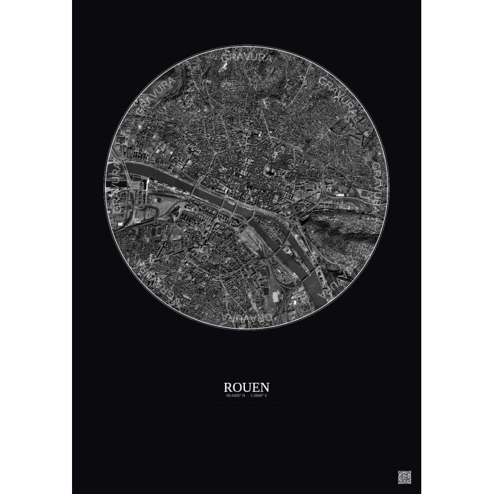 Affiche Rouen – Poster vue satellite 2.5km N&B | Gravura – Fond 