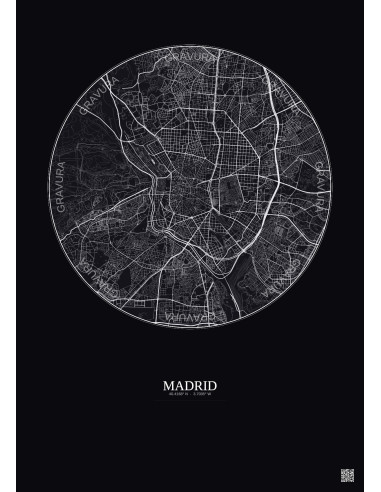Madrid City Map Poster 6km | Gravura – Dark background