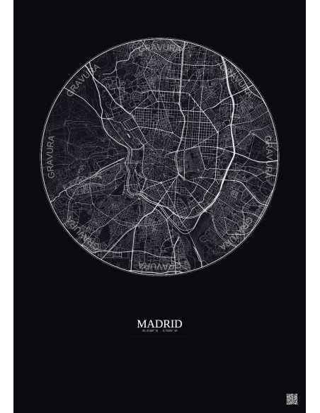 Madrid City Map Poster 6km | Gravura – Dark background