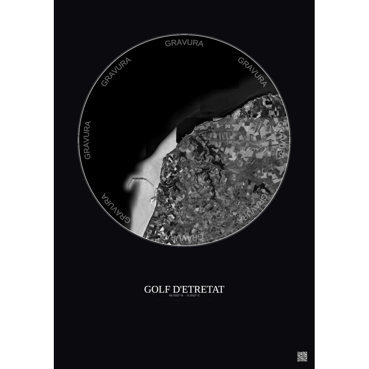Affiche Golf D Etretat – Poster vue satellite 10km N&B | Gravura – Fond foncé