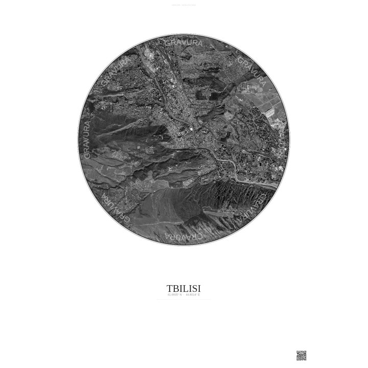 Affiche Tbilisi – Poster vue satellite 6km N&B | Gravura – Fond 