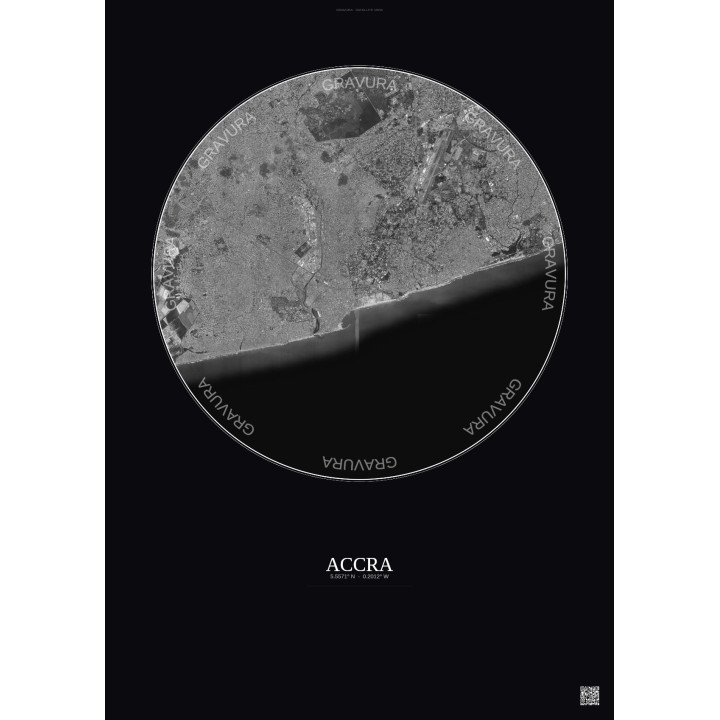 Affiche Accra – Poster vue satellite 10km N&B | Gravura – Fond f