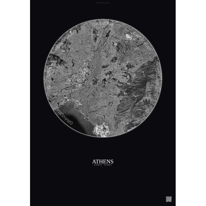 Affiche Athens – Poster vue satellite 10km N&B | Gravura – Fond 