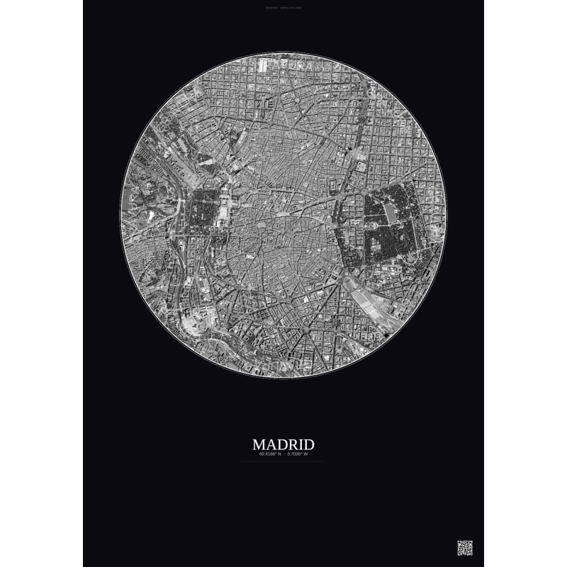 Affiche Madrid – Poster vue satellite 2.5km N&B | Gravura – Fond foncé