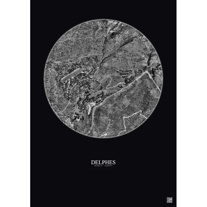Affiche Delphes – Poster vue satellite 0.5km N&B | Gravura – Fon