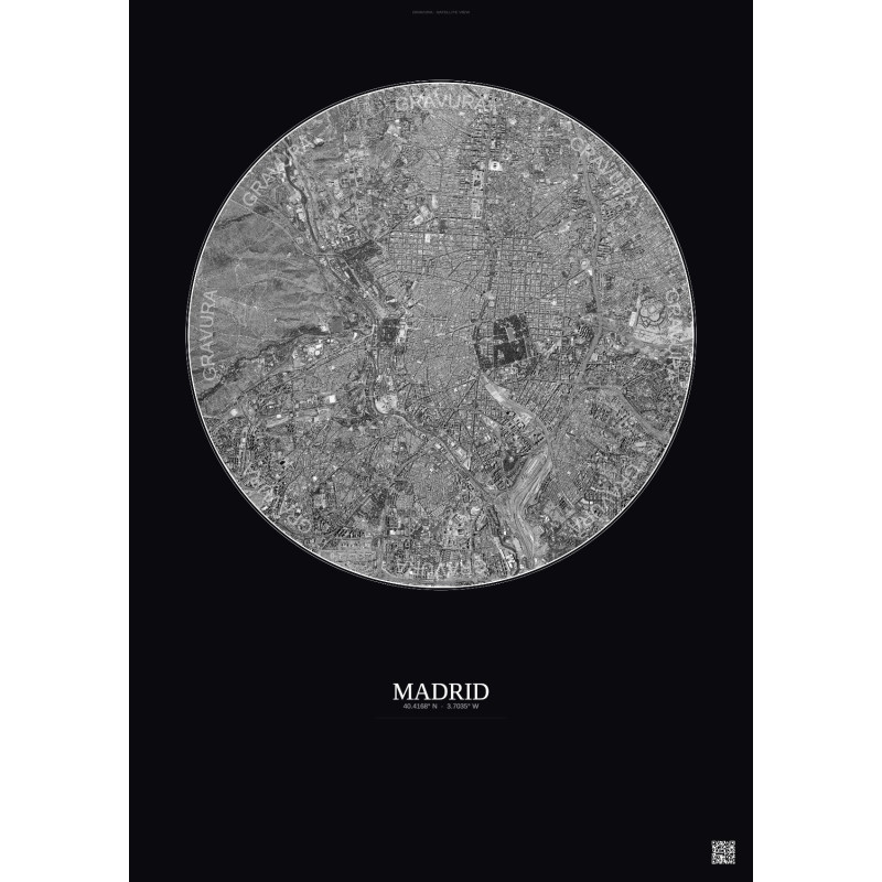 Affiche Madrid – Poster vue satellite 6km N&B | Gravura – Fond foncé