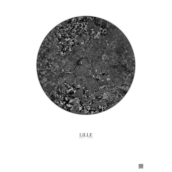 Affiche Lille – Poster vue satellite 10km N&B | Gravura – Fond clair