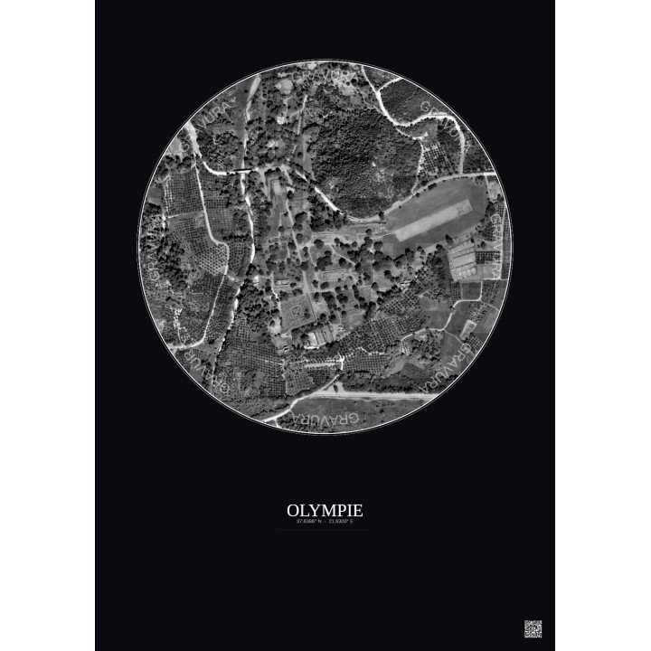 Affiche Olympie – Poster vue satellite 0.5km N&B | Gravura – Fon