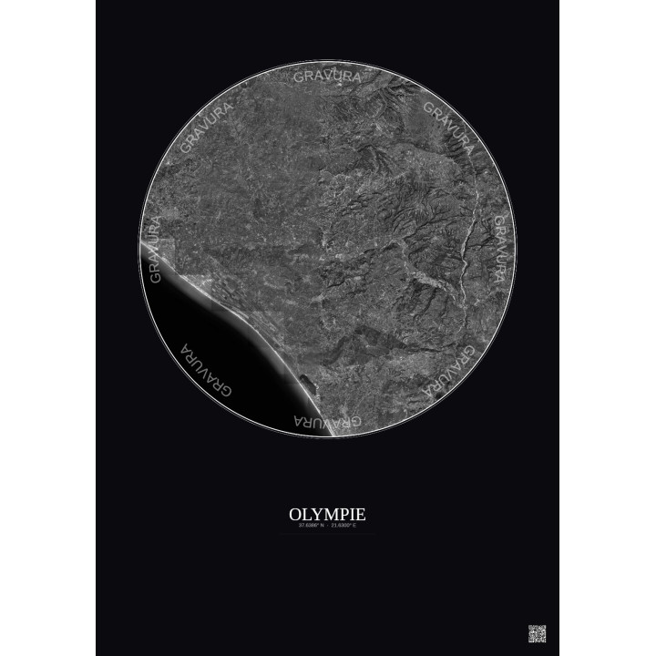 Affiche Olympie – Poster vue satellite 20km N&B | Gravura – Fond