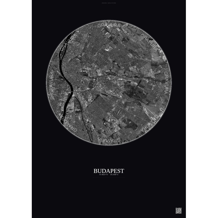 Affiche Budapest – Poster vue satellite 10km N&B | Gravura – Fon