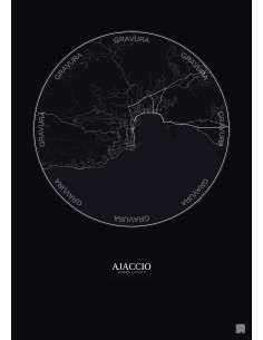 Affiche Ajaccio – Poster carte de ville 5km | Gravura – Fond foncé