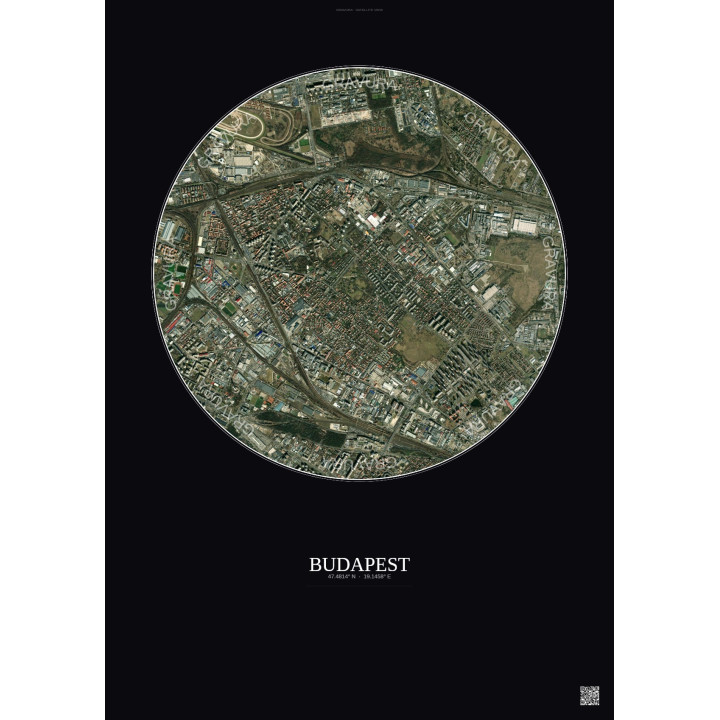 Budapest Satellite View Poster 2.5km Color | Gravura – Dark back
