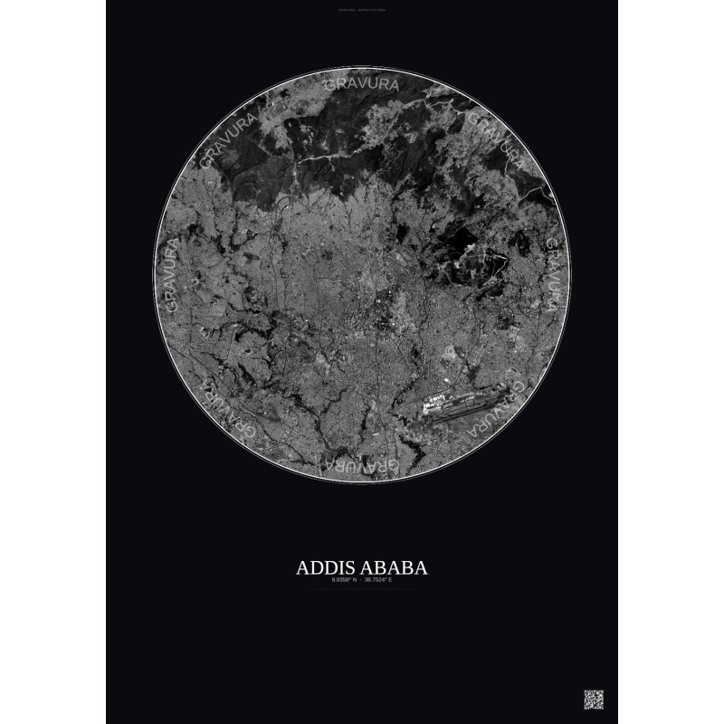 Affiche Addis Ababa – Poster vue satellite 10km N&B | Gravura – Fond foncé